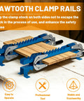 Upgraded 19 Inch Panel Clamps Set Of 2 With 4 Way Steel Parallel Clamps Heads And Tailstocks For Precise Woodworking, Heavy Duty Rails, Easy Handles, Durable 2mm Track, Ideal For DIY Projects And Shop Assembly. Two blue 19-inch steel clamp rails holding a wood board