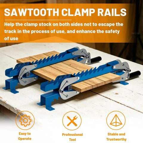 Upgraded 19 Inch Panel Clamps Set Of 2 With 4 Way Steel Parallel Clamps Heads And Tailstocks For Precise Woodworking, Heavy Duty Rails, Easy Handles, Durable 2mm Track, Ideal For DIY Projects And Shop Assembly. Two blue 19-inch steel clamp rails holding a wood board