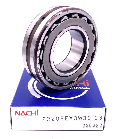 40X80X23 MM Spherical Roller Bearing 22208 EXQW33 C3 Made In Japan side view on NACHI box, showing open configuration and lubrication holes.
