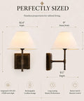 DANCYHOME Modern Farmhouse Weathered Bronze Cordless Wall Sconce dimensions showing 11.2" height and 10.4" width with a fabric shade.
