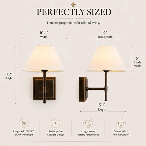 DANCYHOME Modern Farmhouse Weathered Bronze Cordless Wall Sconce dimensions showing 11.2" height and 10.4" width with a fabric shade.