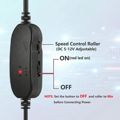 12V PC Fan Speed Controller with USB Power and 5V to 12V Stepless Voltage Control showing speed control roller