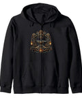 Rock The Classic Fit Anvil Gear Mechanism Steampunk Zip Hoodie With Blacksmith Vibes Heavy 8.5 Oz Cotton Twill Taped Neck, front design detail.