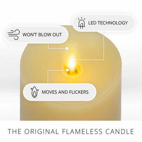 Realistic Moving Flame Pillar Candle With Flameless LED Lights, Unscented Ivory, highlighting LED technology and flickering flame.