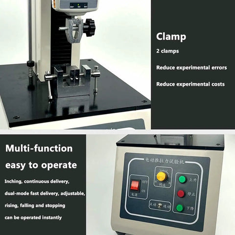 Electric Tensile Testing Machine With 10N To 2000N Digital Push Pull Gauge And 450mm Stroke Overload And Limit Protection For Textiles Sports And Scientific Research Data Logging Up To 999 Tests, clamp view