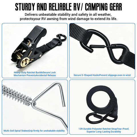 Heavy Duty RV Awning Tie Down Kit With Windproof Design, includes 13Ft Ratchet Straps, Spiral Ground Stakes, Secure S Hooks, Buckles