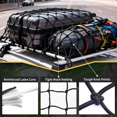 Heavy Duty Truck Bed Cargo Net For Pickup And SUV, 4 By 3 Feet Stretching To 8 By 6, 4 By 4 Inch Knotted Mesh securing luggage