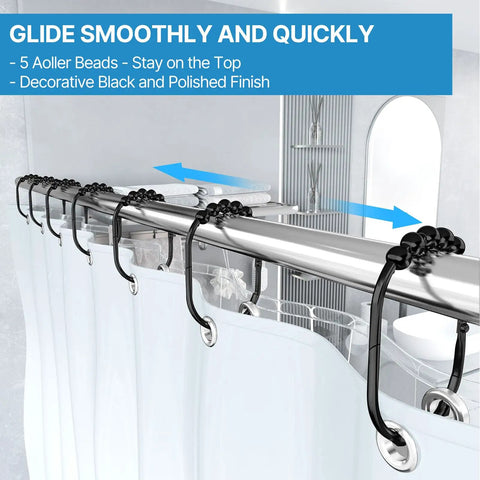 12 Pack Wide Shower Curtain Hooks, Rustproof Stainless Steel Heavy Duty Curtain Rings with Smooth Glide Rollers on rod