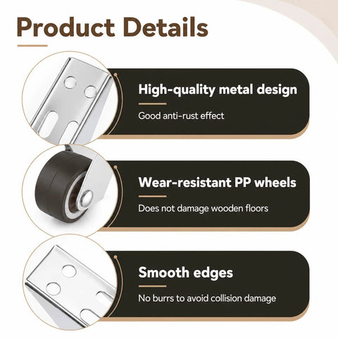 2 Pack Gate Caster Wheels With L Bracket No Squeak Quiet Rubber Rolling Casters Point Eight Inch Durable Steel Bracket Gate Hardware Replacement highlighting metal design, wear-resistant PP wheels, and smooth edges.