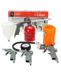 Badass Five Piece Pneumatic Air Tool Kit With Gravity Feed Paint Spray Gun Tire Inflator Pressure Gauge Spiral Hose And Air Blow Tool For Auto Body Repair Vehicle Detailing And Garage Works Built Different Gets It Done with tools and accessories.