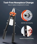 Two-Handed Pop Rivet Gun Kit With 230 Blind Rivets, 5 Interchangeable Nosepieces, and Drill Bits showcasing nosepiece change
