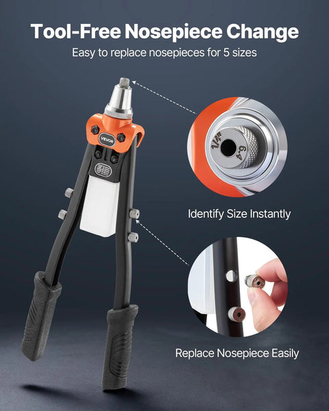 Two-Handed Pop Rivet Gun Kit With 230 Blind Rivets, 5 Interchangeable Nosepieces, and Drill Bits showcasing nosepiece change