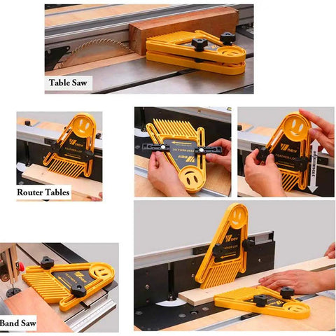 Dual Pack Featherboard Safety Push Block With Table Fence For Woodworking T Slots Miter Slots Table Saw Router Table Band Saw in use.