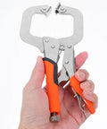 Heavy Duty Front Clamp C Clamp Pliers Made From High Carbon Steel for woodworking and welding held in hand.