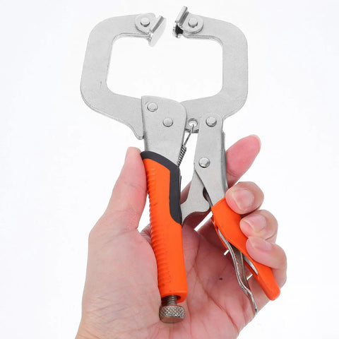 Heavy Duty Front Clamp C Clamp Pliers Made From High Carbon Steel for woodworking and welding held in hand.