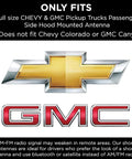 Chevy and GMC logos with information on truck antenna compatibility and limitations for Chevy Colorado and GMC Canyon.