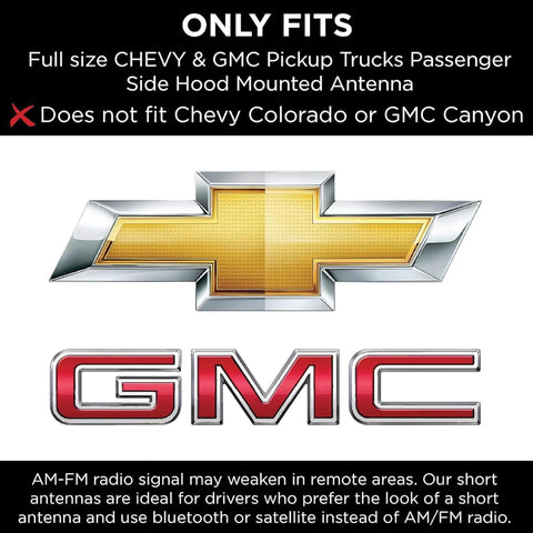 Chevy and GMC logos with information on truck antenna compatibility and limitations for Chevy Colorado and GMC Canyon.