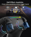 Wireless PS5 Controller For PS5 And PC With Bluetooth Plug And Play Rechargeable 1500mAh Battery Dual Vibration Motion Sensor Turbo Button Hall Effect Triggers Replacement Gamepad For PS5 Pro Slim showing Hall Effect Joysticks and racing game graphics