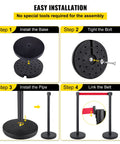 Installation steps for Six Piece Crowd Control Stanchion Set With 6.6 Feet Red Retractable Belt Rubber Base Easy Connect Assembly