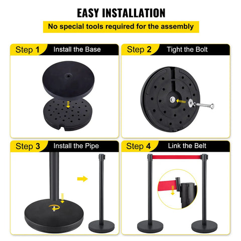 Installation steps for Six Piece Crowd Control Stanchion Set With 6.6 Feet Red Retractable Belt Rubber Base Easy Connect Assembly