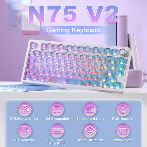 Tri Mode Wireless Gaming Keyboard With Bluetooth Five Point Zero And Usb Cable Fast Switching Mechanical Keys Easy Multi Device Pairing in colorful RGB.