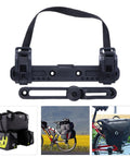 Beefy Heavy Duty Bike Bag Mounting Clip With Tool Free Release for high load, durable nylon, shown with attached side bags on bike