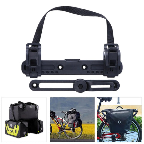 Beefy Heavy Duty Bike Bag Mounting Clip With Tool Free Release for high load, durable nylon, shown with attached side bags on bike