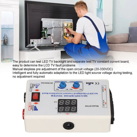 Technician using LED Backlight Tester for TV Screens and LCD Panels Auto Adjustable 20 to 330V DC in a repair setup