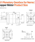 50:1 planetary gearbox diagram for NEMA 34 stepper motor showing input/output dimensions and mounting holes