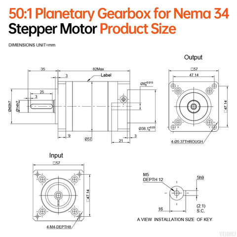 50:1 planetary gearbox diagram for NEMA 34 stepper motor showing input/output dimensions and mounting holes