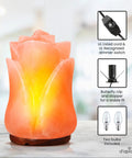 Hand Carved Himalayan Salt Lamp With Rose Crystal Rock Salt From The Himalayan Mountains Authentic Crystal Lamp Dimmer Cord With Pink Flower Accent For Cozy Vibe And Relaxing Ambience showing rose-shaped crystal with dimmer cord and bulbs