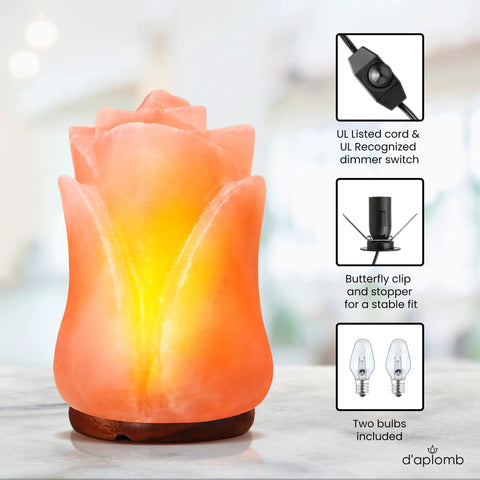 Hand Carved Himalayan Salt Lamp With Rose Crystal Rock Salt From The Himalayan Mountains Authentic Crystal Lamp Dimmer Cord With Pink Flower Accent For Cozy Vibe And Relaxing Ambience showing rose-shaped crystal with dimmer cord and bulbs