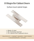 Heavy Duty Satin Nickel H Hinges For Cabinet Doors Flush Mount Style Solid Steel Build 3 Inch By 1 5 8 Inch Pack Of 8 surface mount.