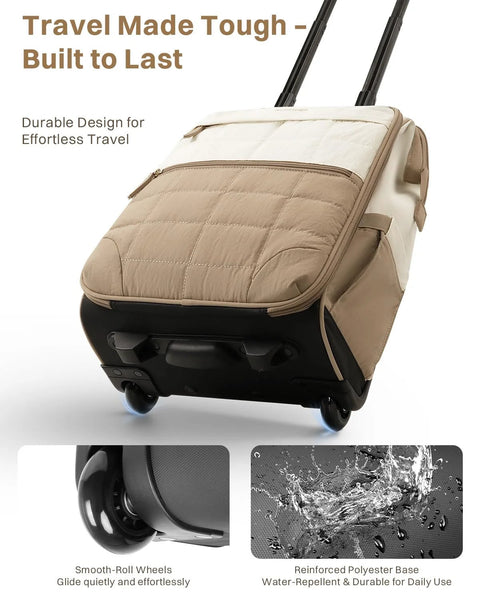 Rolling luggage: women's puffer backpack with wheels; beige quilted front, black base, extendable handle, water-repellent base.