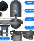 Slick WiFi Automatic Fish Feeder With 2.5K HD Camera Smart App Control And Vacation Timer showing food container and clamp details.