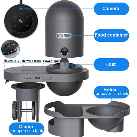 Slick WiFi Automatic Fish Feeder With 2.5K HD Camera Smart App Control And Vacation Timer showing food container and clamp details.