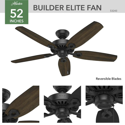 52 Inch Indoor Ceiling Fan No Light With Pull Chain Slick Matte Black Finish, Standard Mount, 5 Blades, Builder Elite 53243