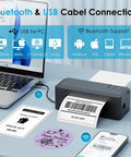 Sleek 4x6 Portable Thermal Label Printer Featuring Hella Reliable Bluetooth Sync And Stress Free App Pairing For Swift Shipping Tasks printing labels near laptop