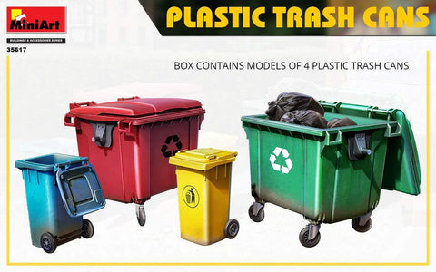 1 35-Scale Plastic Trash Cans Kit - Unpainted, Ready-To-Assemble Set Of 4 With Decals, Ideal For Dioramas And Military Scale Models.