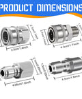 Four-pack stainless steel 3/8 in pressure washer quick-connect fittings with male and female threads, shown in multiple angled views