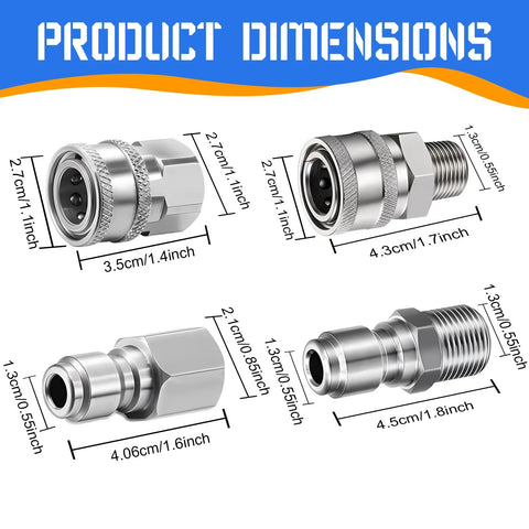 Four-pack stainless steel 3/8 in pressure washer quick-connect fittings with male and female threads, shown in multiple angled views