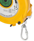Close-up of a yellow retractable spring balancer with 15 kg gauge and hook; part of the Retractable Spring Balancer For Tools With Adjustable Tension From 19.8 To 33.1 Lbs Pro Grade Tool Fixture Holder With 1.5 Meter Wire Rope And Easy Gauge Dial Built For Garages And Shops Heavy Duty Industrial Settings.