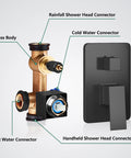 Diagram of connections for Matte Black Rain Shower Head And 8 Inch Square Shower System With 3 Setting Handheld Spray Wall Mounted Faucet Set.