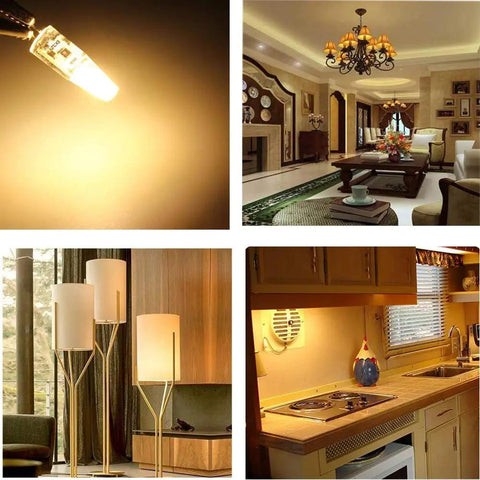 G4 Bi Pin LED Bulb 2W Equal To 20W Warm White 3000K lighting in various indoor settings, including kitchen and living room