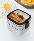 Desert Sand Camel Double Layer Bento Box With Spoon Portable Insulated Lunch Container For Work Travel And Camping Leak Proof Reusable Lunchbox Made From Durable PP Material with camel design on lid.