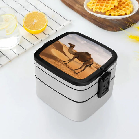 Desert Sand Camel Double Layer Bento Box With Spoon Portable Insulated Lunch Container For Work Travel And Camping Leak Proof Reusable Lunchbox Made From Durable PP Material with camel design on lid.