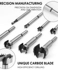 8-piece Forstner drill bit set with carbide blades for wood drilling