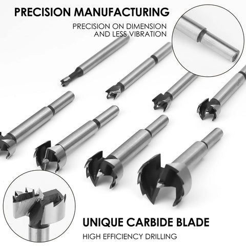 8-piece Forstner drill bit set with carbide blades for wood drilling