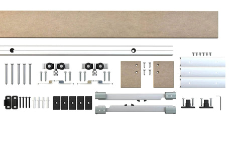Components of Concealed Sliding Door Hardware Kit For A Single Door With Quiet Ball Bearing Wheels And Slick Soft Close Two Part Floor Guide