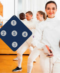 Wall Mounted Archery Style Fencing Target For Saber Foil And Epee Training With Five Bullseye Zones in use at practice session.